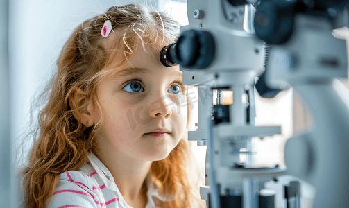 远视眼摄影照片_小女孩使用专业验光设备检查视力