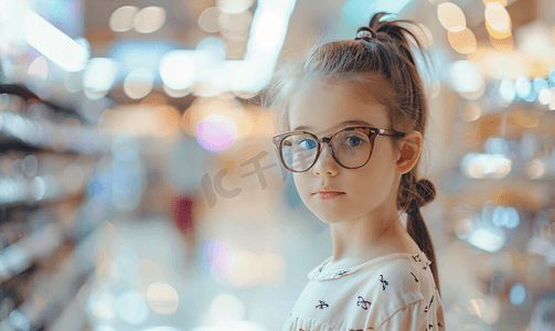 眼镜选购摄影照片_眼镜店里小女孩正佩戴着眼镜在验光