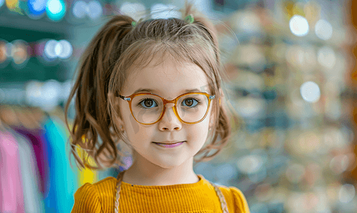 眼镜店里小女孩正佩戴着眼镜在验光