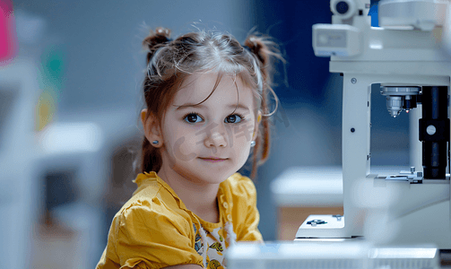 视力仪器摄影照片_小女孩使用专业验光机器检查视力