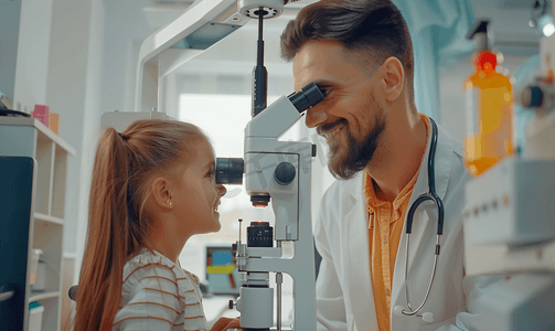 验光师在指导小女孩用专业验光仪器检查视力