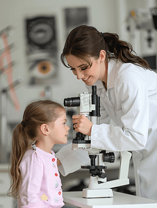白衣女眼科医生检查小女孩的视力