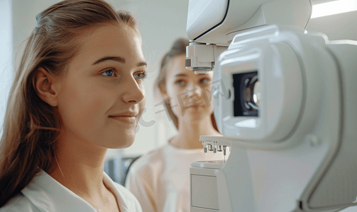 验光师在用专业验光机器给年轻女性检查视力