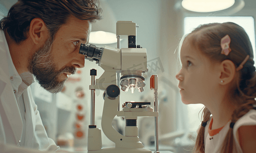 验光师用专业验光仪器给小女孩检查视力