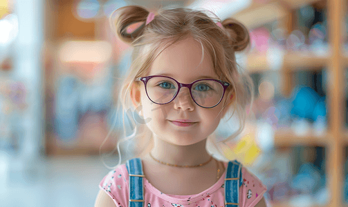 眼镜店里小女孩正佩戴着眼镜在验光