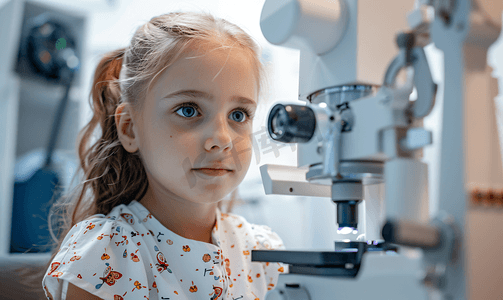 小女孩使用专业验光机器检查视力