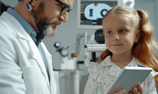 验光师手拿平板电脑给小女孩讲解检查视力的注意事项