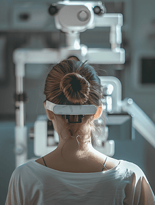 验光机器前检查视力的年轻女性背影