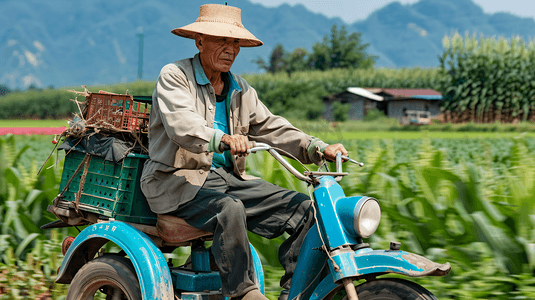 骑着摄影照片_骑着三轮车的农民摄影4