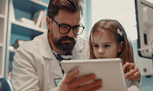验光师手拿平板电脑给小女孩讲解检查视力的注意事项