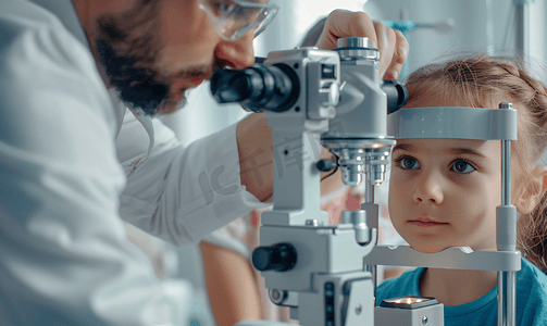 视力仪器摄影照片_验光师操作设备为小女孩检查视力