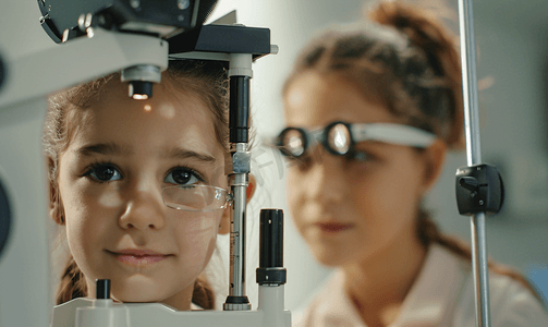 验光师操作设备为小女孩检查视力