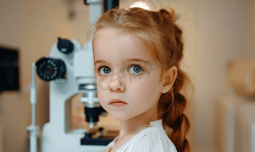 视力仪器摄影照片_验光师给小女孩检查视力