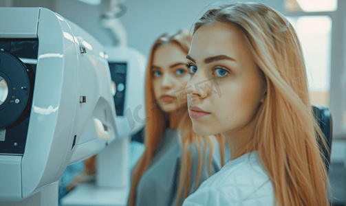 年轻女性站在验光机器前准备检查视力
