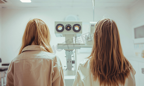 眼科中心摄影照片_验光机器前检查视力的年轻女性背影