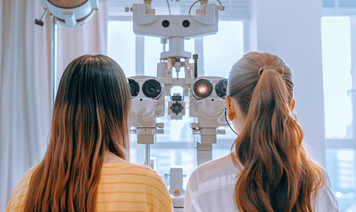 视力的摄影照片_验光机器前检查视力的年轻女性背影