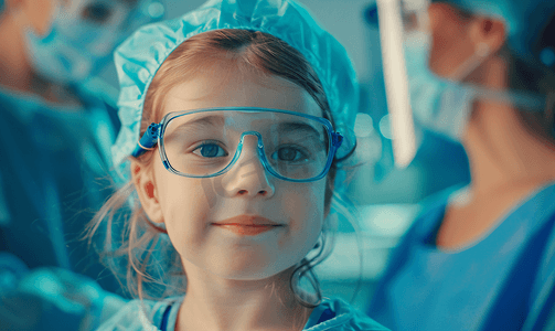 眼科医生和小女孩在医院里配镜