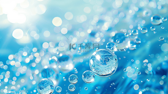 闪烁着气泡的蓝色的水背景