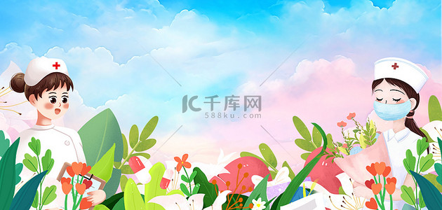 手机行业logo背景图片_护士节白衣天使蓝天白云植物背景