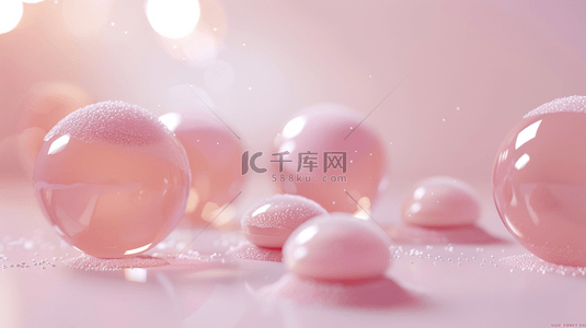 玻璃水珠背景图片_3D粉色地板上的透明晶球背景