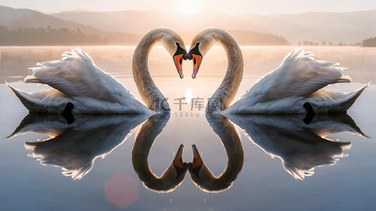 天鹅展翅背景图片_湖面上两只天鹅结成心形背景