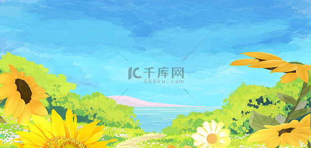 banner季节背景图片_夏天海边花海插画背景