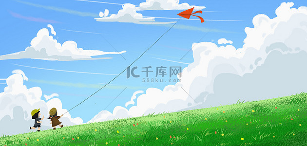 潍坊风筝图背景图片_儿童节草地儿童蓝绿色手绘儿童放风筝设计图
