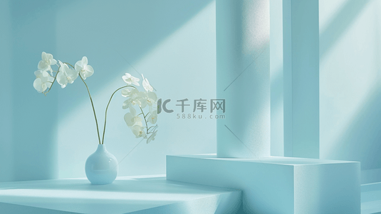 室内背景图片_淡蓝色室内鲜花花瓶装饰背景