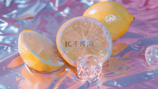 橙柠檬背景图片_夏日冰水上的柠檬切块背景
