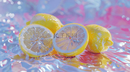 冰柠檬背景图片_夏日冰水上的柠檬切块背景