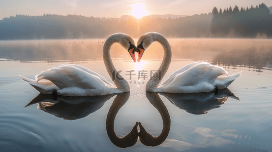 小白天鹅背景图片_湖面上两只天鹅结成心形背景
