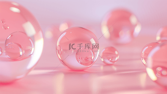 玻璃水珠背景图片_3D粉色地板上的透明晶球背景