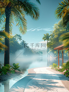 一条小路和棕榈树背景图片