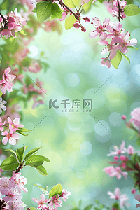 夏季绿色的植物背景粉色花朵插画