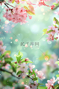 绿色的植物插画夏季背景花朵粉色
