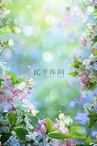 手绘夏季背景图片_绿色的植物插画夏季花朵背景粉色