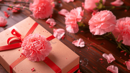 康乃馨礼盒摄影照片_鲜花康乃馨和礼物盒子11