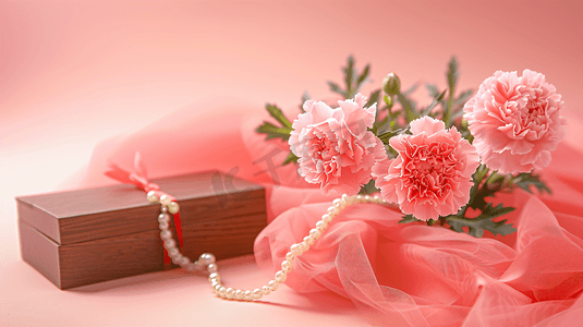 实物鲜花花束摄影照片_鲜花康乃馨和礼物盒子44