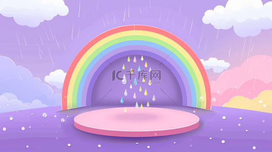 儿童节柔和粉紫色彩虹雨卡通3D展台素材