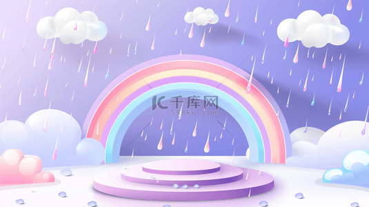 儿童节柔和粉紫色彩虹雨卡通3D展台背景图