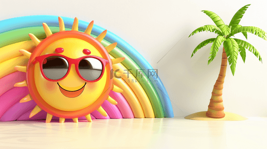 夏日太阳背景图片_可爱3D夏天戴着墨镜的太阳和彩虹背景图片