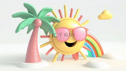 墨镜里的车流背景图片_可爱3D夏天戴着墨镜的太阳和彩虹背景图片