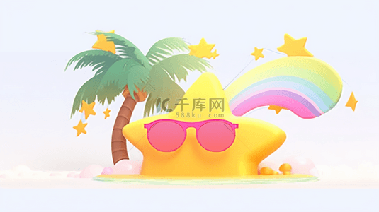 可爱3D夏天戴着墨镜的太阳和彩虹背景图片