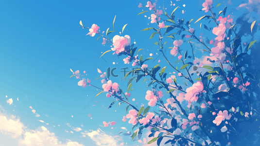 唯美蓝天白云背景背景图片_唯美蓝天白云下树枝花朵的背景