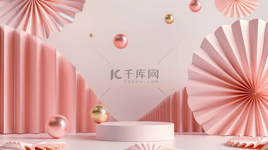 中式电商展台背景图片_618粉白色中式扇子产品展示台背景