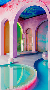 618背景图片_彩色玻璃泳池空间产品展示空间背景