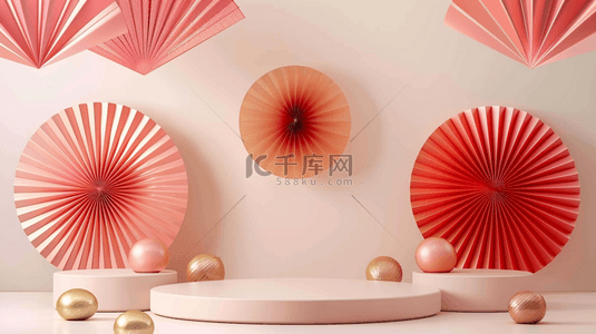 扇子png背景图片_618粉白色中式扇子产品展示台背景素材