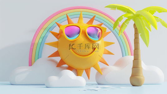 彩虹太阳背景图片_可爱3D夏天戴着墨镜的太阳和彩虹背景图片