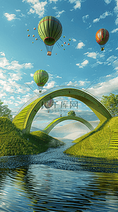 3D夏天户外拱桥热气球电商场景设计