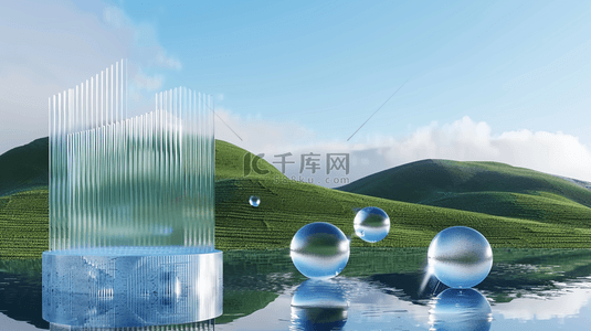 绿色图片背景图片_清新夏日户外空间长虹玻璃3D圆球图片